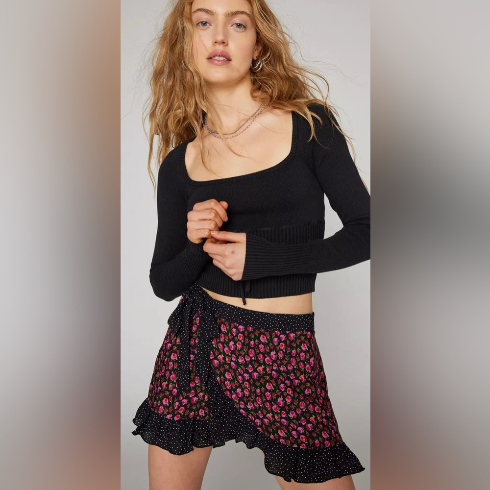 Kimchi Blue Black Mini Wrap Skirt with Pink Floral Print